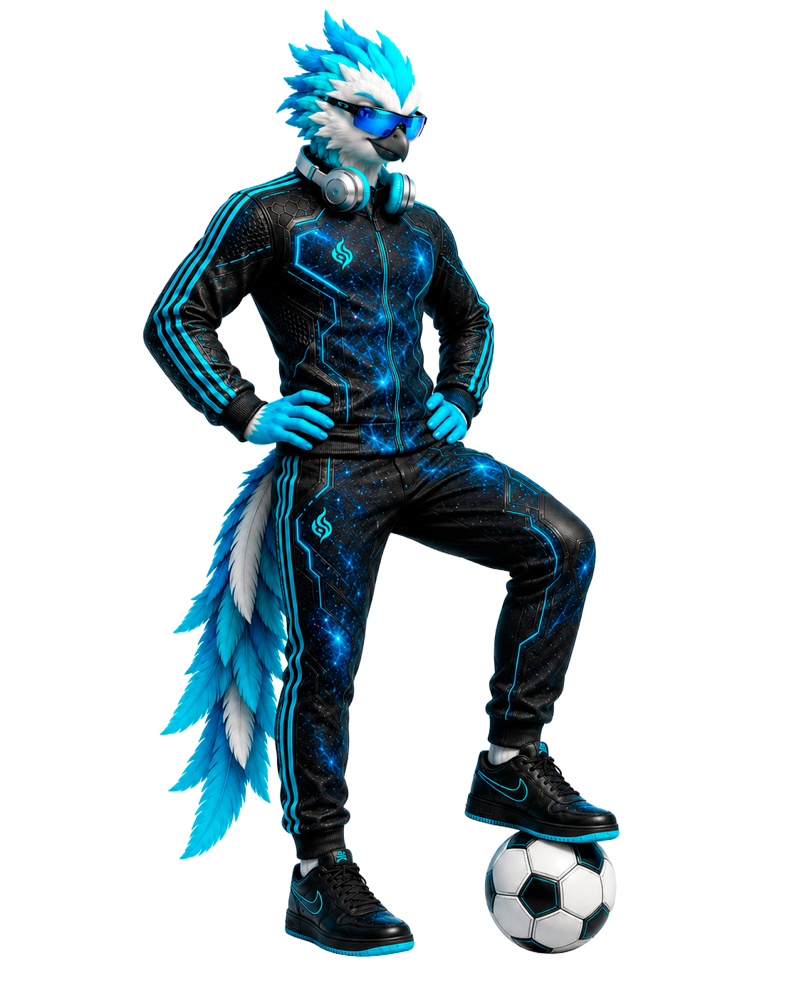 Mascota Fénix con balón de fútbol